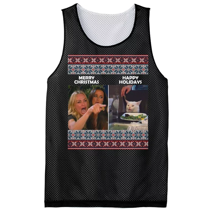 Yelling Cat Meme Christmas Sweater Funny Mesh Reversible Basketball Jersey Tank