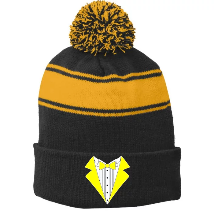 Yellow Tuxedo Tux Wedding Stripe Pom Pom Beanie