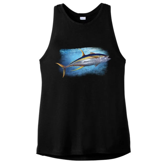 Yellowfin Tuna Swimming Ladies Tri-Blend Wicking Tank