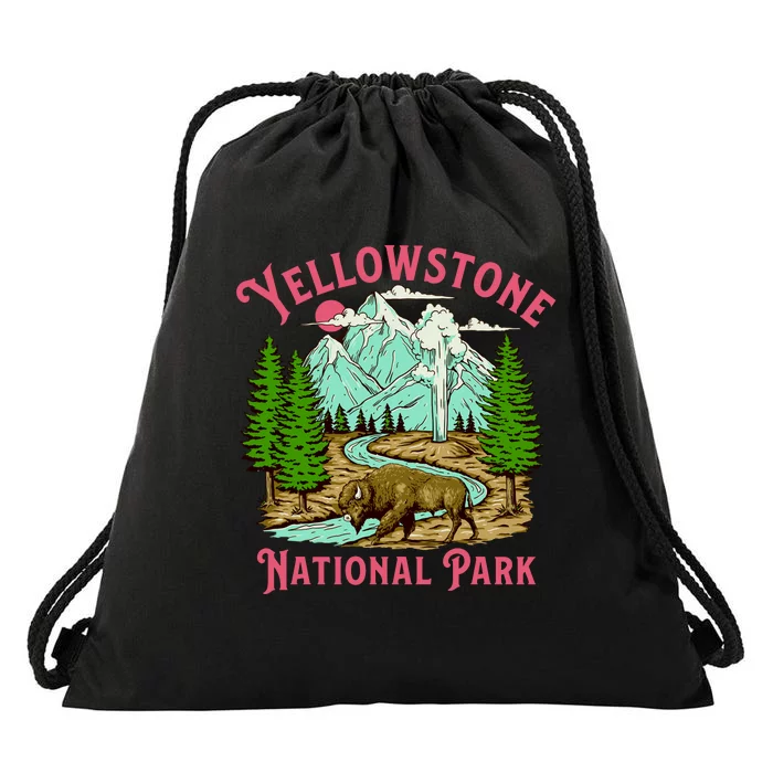 Yellowstone National Park Illustration Drawstring Bag