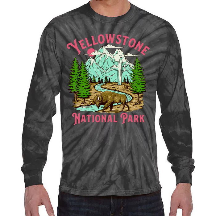 Yellowstone National Park Illustration Tie-Dye Long Sleeve Shirt