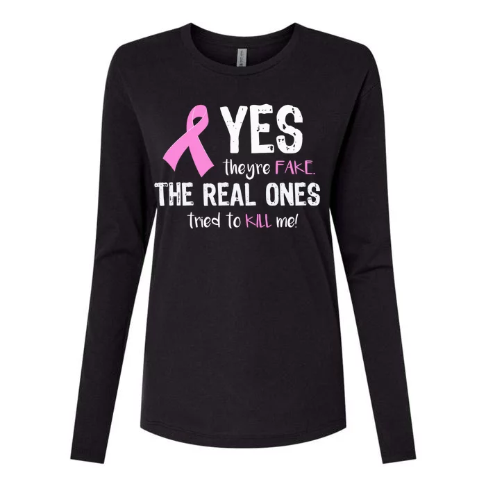 Yes They're Fake Funny Breast Cancer Womens Cotton Relaxed Long Sleeve T-Shirt