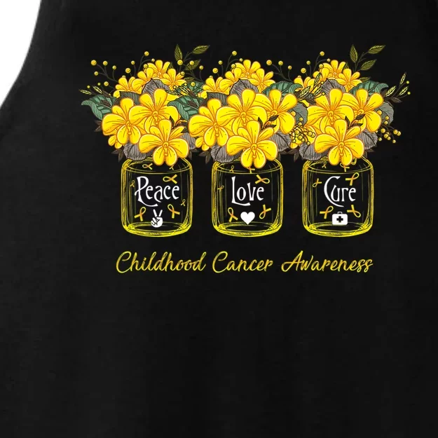 Yellow Flower Jar Peace Love Cure Childhood Cancer Ladies Tri-Blend Wicking Tank