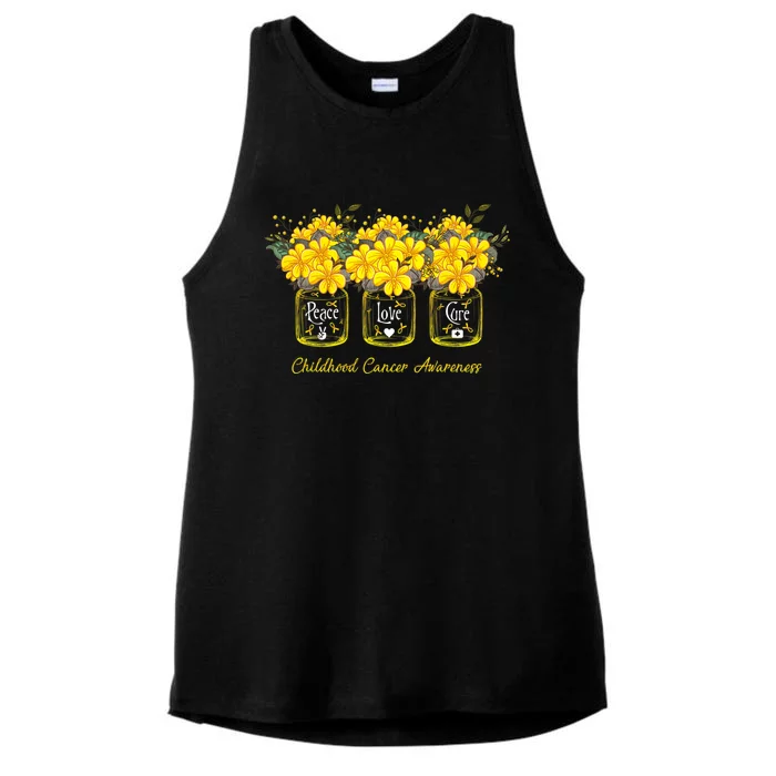 Yellow Flower Jar Peace Love Cure Childhood Cancer Ladies Tri-Blend Wicking Tank