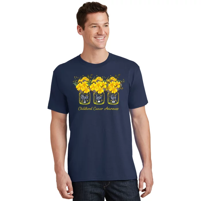 Yellow Flower Jar Peace Love Cure Childhood Cancer T-Shirt