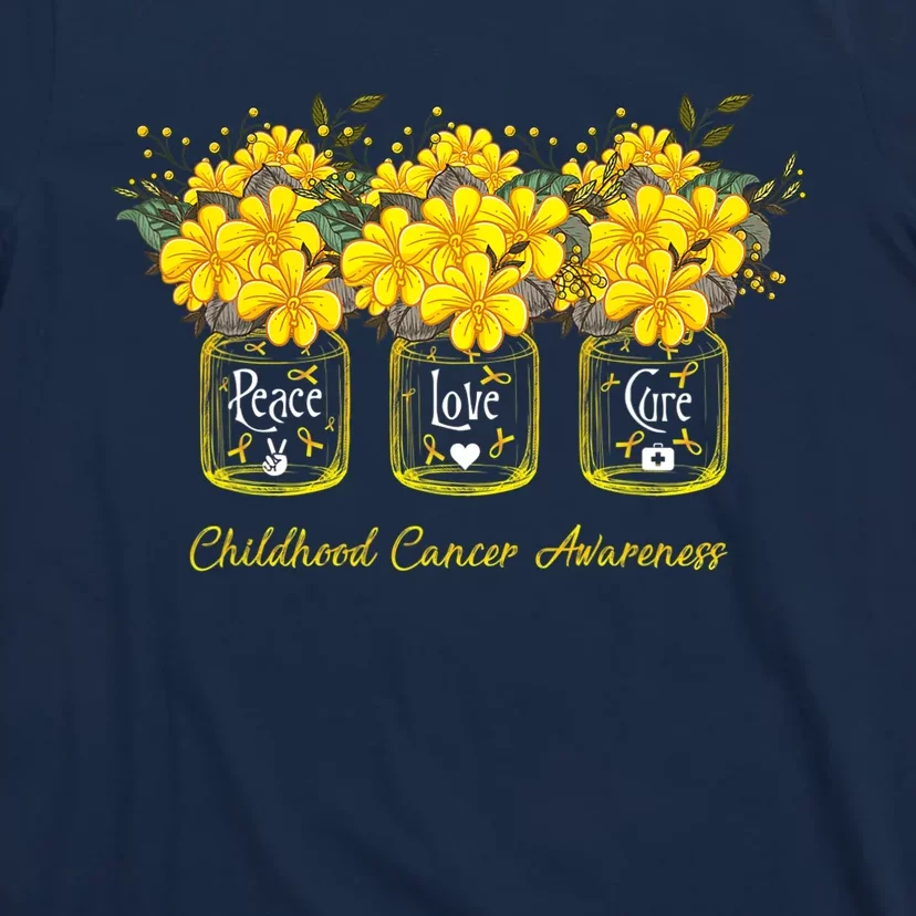 Yellow Flower Jar Peace Love Cure Childhood Cancer T-Shirt