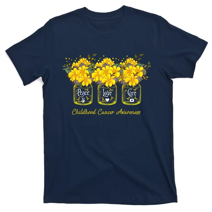 Yellow Flower Jar Peace Love Cure Childhood Cancer T-Shirt