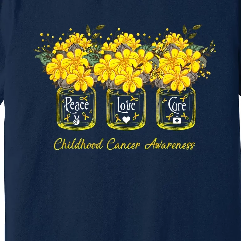 Yellow Flower Jar Peace Love Cure Childhood Cancer Premium T-Shirt