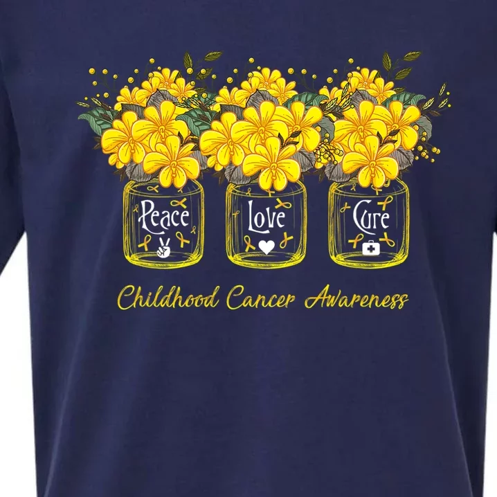 Yellow Flower Jar Peace Love Cure Childhood Cancer Sueded Cloud Jersey T-Shirt