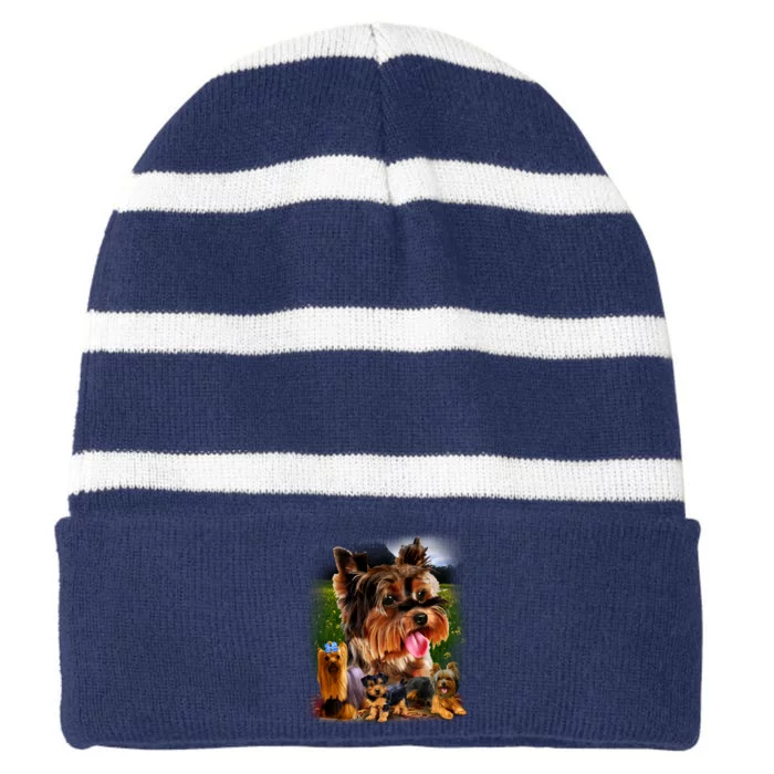 Yorkie Family Of Dogs Portrait Striped Beanie with Solid Band