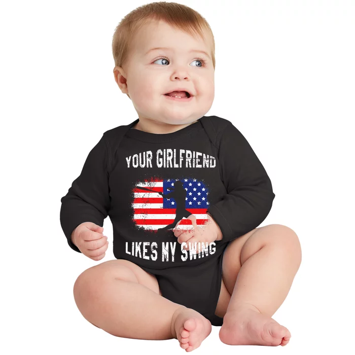 Your Girlfriend Likes My Swing Funny Baseball Baby Long Sleeve Bodysuit