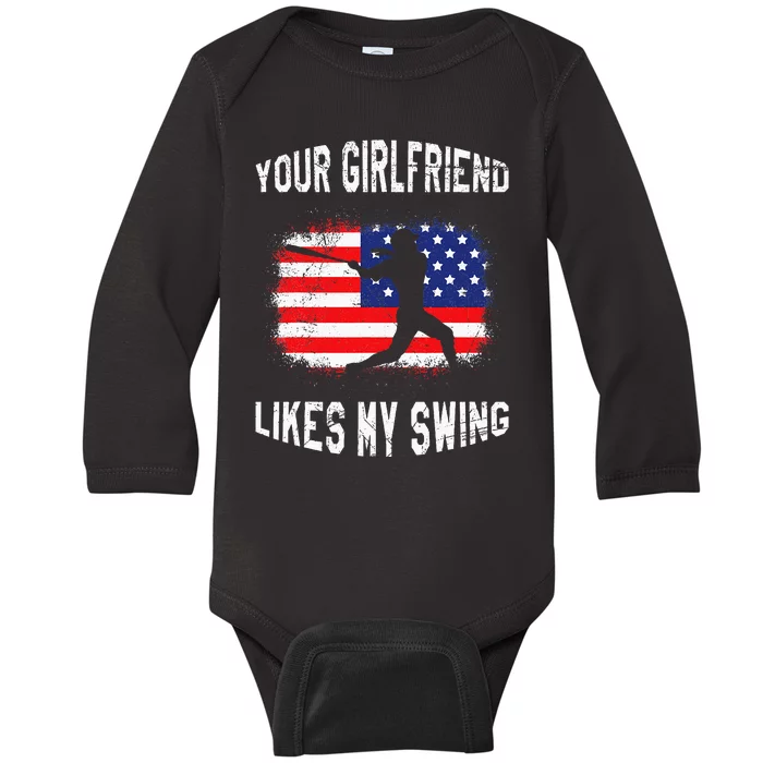 Your Girlfriend Likes My Swing Funny Baseball Baby Long Sleeve Bodysuit