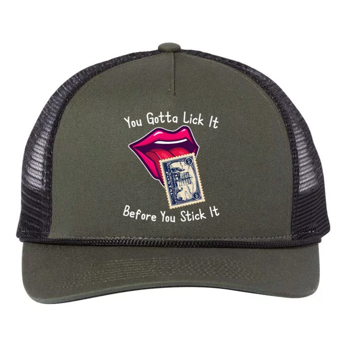 You Gotta Lick It Before You Stick It Funny Adult Joke Retro Rope Trucker Hat Cap