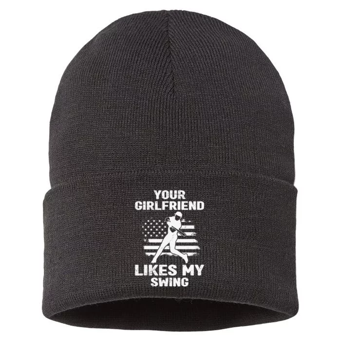 Your Girlfriend Likes My Swing Funny Baseball Sustainable Knit Beanie