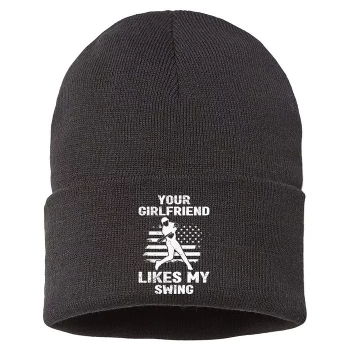 Your Girlfriend Likes My Swing Funny Baseball Sustainable Knit Beanie