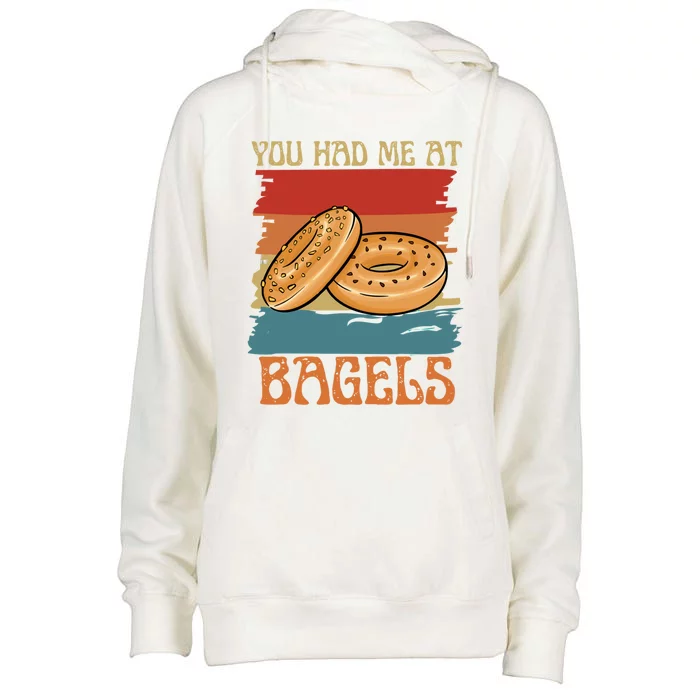 You Had Me At Bagels Funny Bagel Lover Retro Vintage Art Gift Womens Funnel Neck Pullover Hood