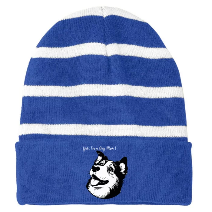 Yes IM A Dog Mom Displays Love For This Lovely Pet Striped Beanie with Solid Band