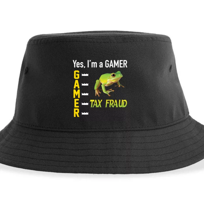 Yes IM A Gamer Tax Fraud Funny Frog Meme Video Game Gaming Sustainable Bucket Hat