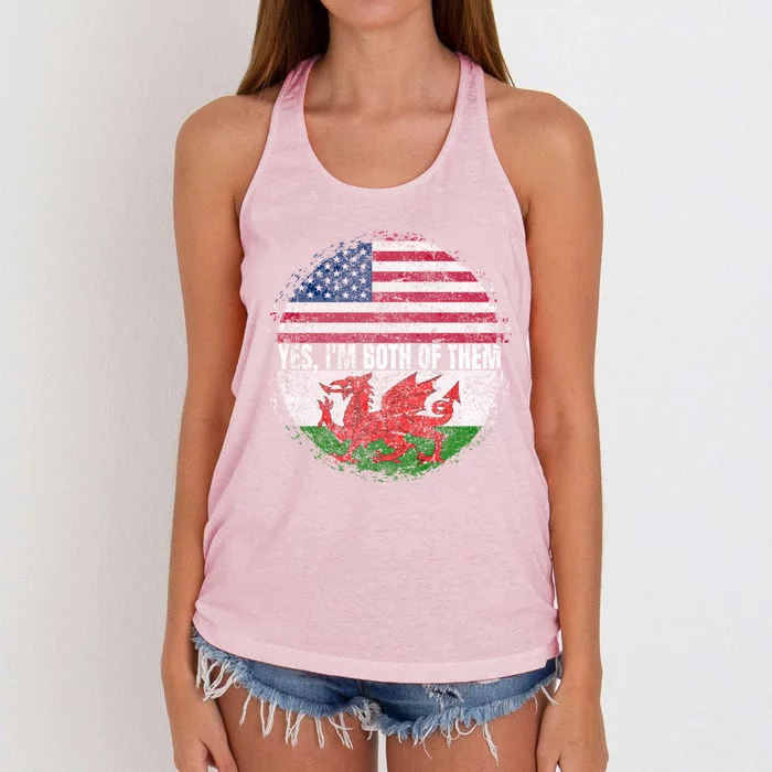 Yes IM Both Of Them Usa And Wales Flag Vintage Welsh Cool Gift Women's Knotted Racerback Tank