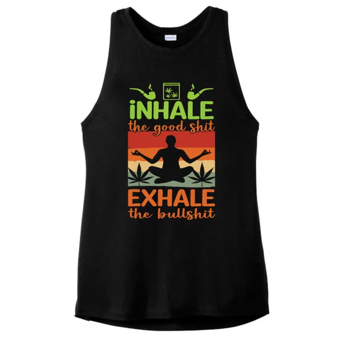 Yoga Inhale Good Shit Exhale Bullshit Meditation Weed Stoner Ladies Tri-Blend Wicking Tank