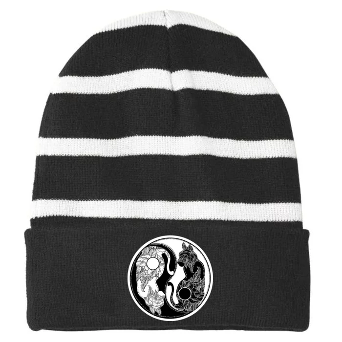 Yin-Yang Cats Striped Beanie with Solid Band