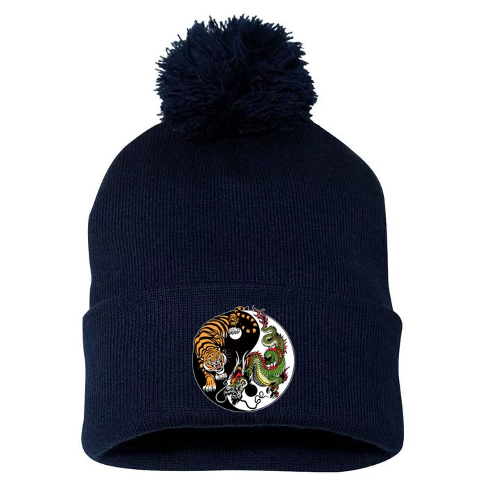 Ying Yang Tiger Dragon Pom Pom 12in Knit Beanie