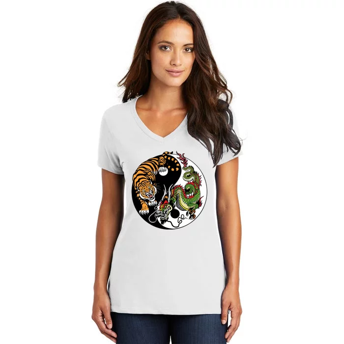 Ying Yang Tiger Dragon Women's V-Neck T-Shirt