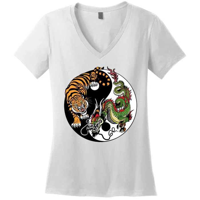 Ying Yang Tiger Dragon Women's V-Neck T-Shirt