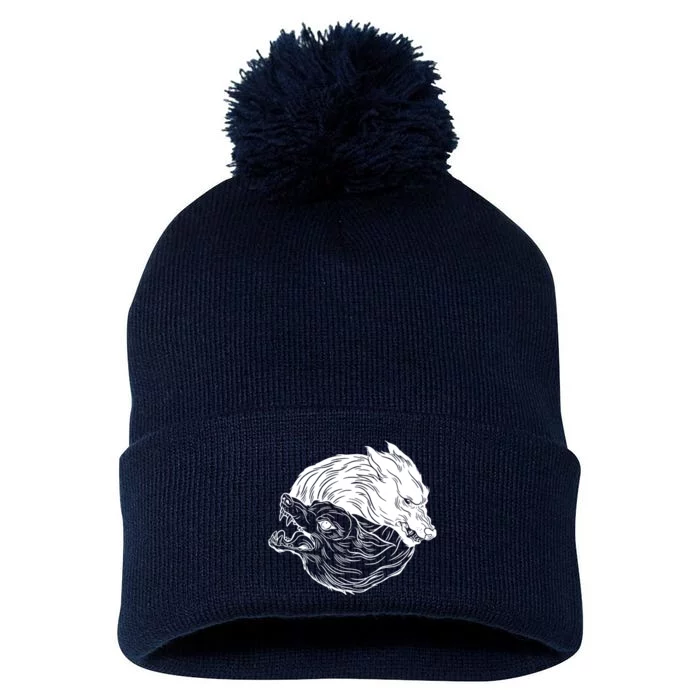 Ying Yang Wolves Pom Pom 12in Knit Beanie