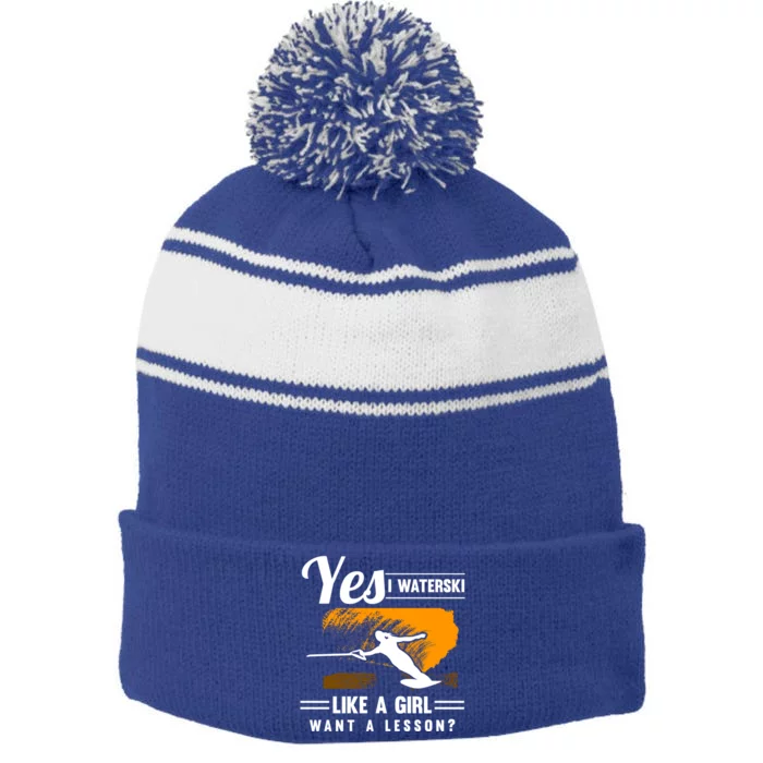 Yes I Waterski Like A Athletes Water Skiing Ski Lover Gift Stripe Pom Pom Beanie