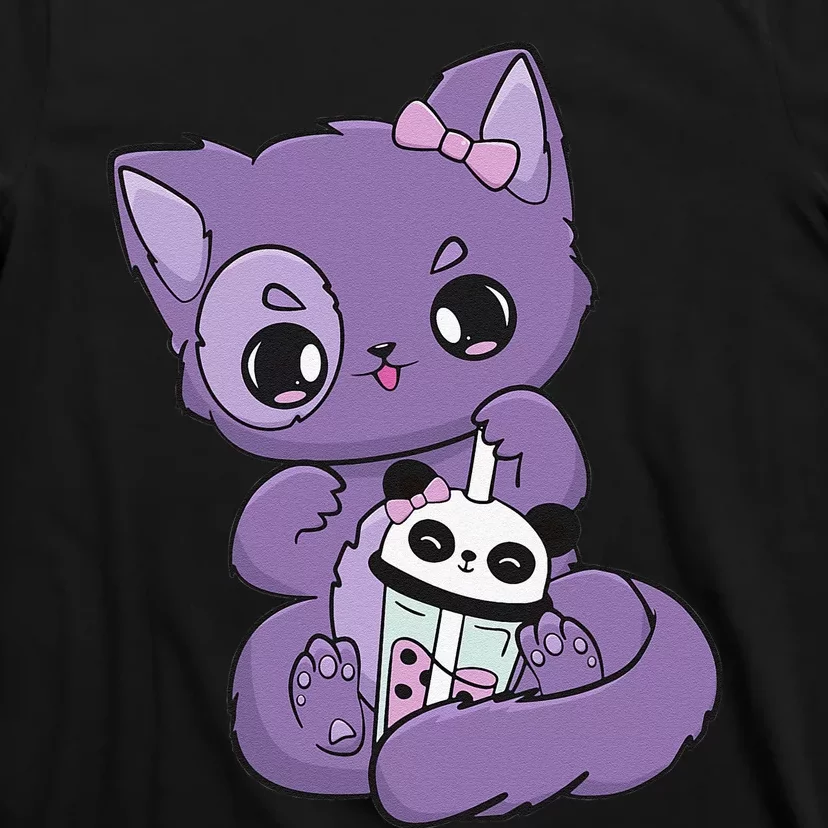 Yami Kawaii Pastel Goth Cute Black Cat With Boba Milk T-Shirt