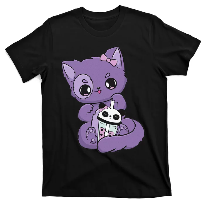 Yami Kawaii Pastel Goth Cute Black Cat With Boba Milk T-Shirt