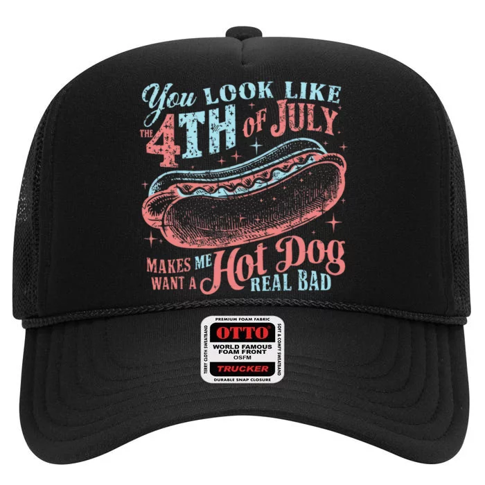 You Look Like 4th Of July Hot Dog High Crown Mesh Trucker Hat