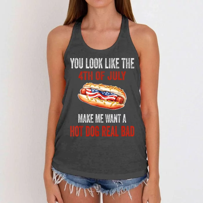 You Look Like 4th Of July Makes Me Want A Hot Dog Real Bad Women's Knotted Racerback Tank