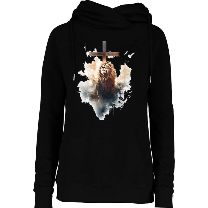 Yeshua Lion Of Judah Christian Faith Gift Christian Cross Design Womens Funnel Neck Pullover Hood