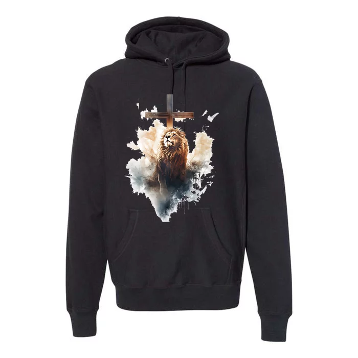 Yeshua Lion Of Judah Christian Faith Gift Christian Cross Design Premium Hoodie