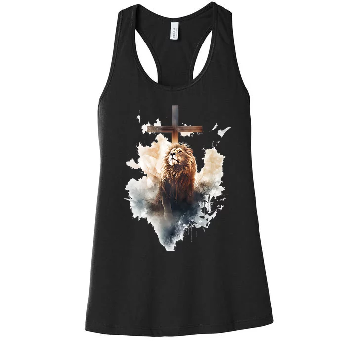 Yeshua Lion Of Judah Christian Faith Gift Christian Cross Design Women's Racerback Tank