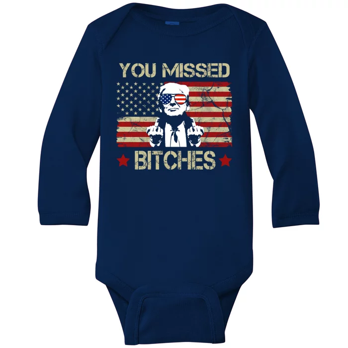 You Missed B!!Ches Donald Trump Middle Finger Usa Flag Baby Long Sleeve Bodysuit