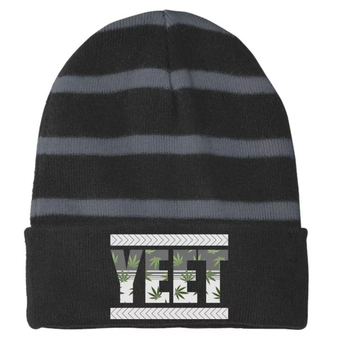 Yeet Meme Cannabis Leaf Pattern Striped Beanie with Solid Band