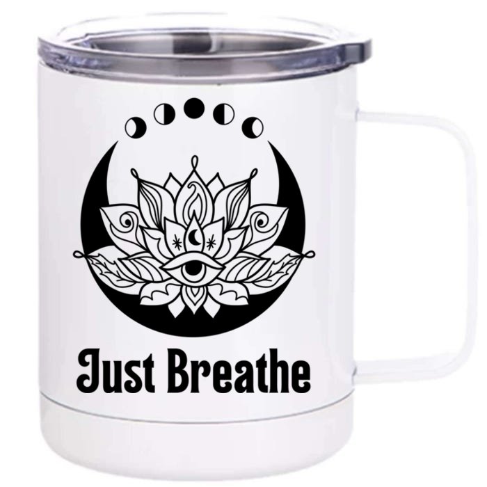 Yoga Meditation Just Breathe Moon Phase Spiritual Teal Aqua Great Gift Front & Back 12oz Stainless Steel Tumbler Cup