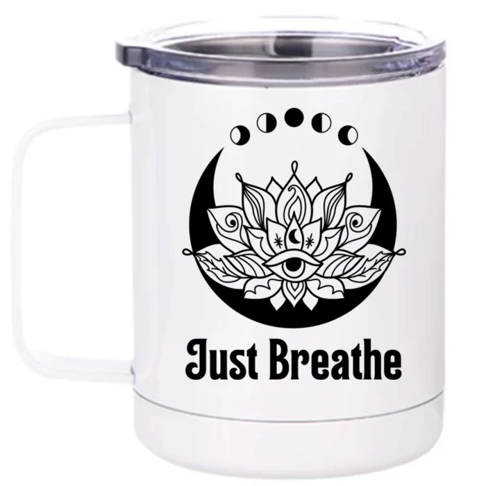 Yoga Meditation Just Breathe Moon Phase Spiritual Teal Aqua Great Gift Front & Back 12oz Stainless Steel Tumbler Cup