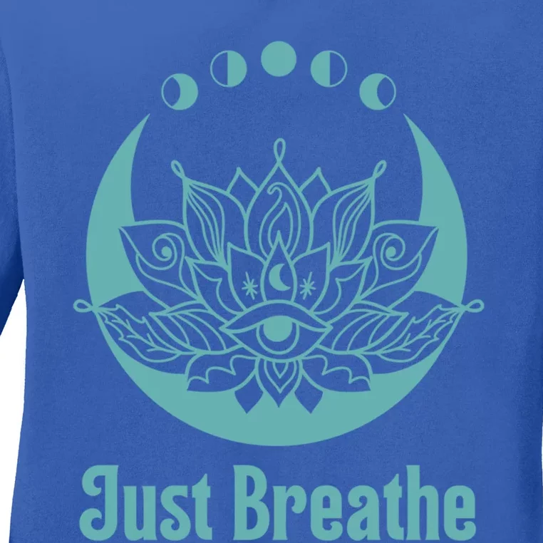 Yoga Meditation Lotus Flower Teal Green Blue Just Breathe Gift Ladies Long Sleeve Shirt