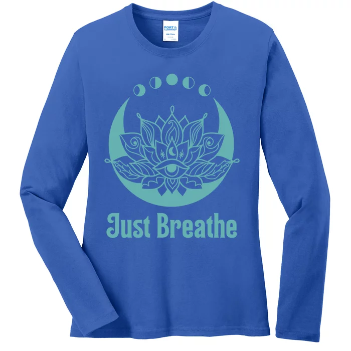 Yoga Meditation Lotus Flower Teal Green Blue Just Breathe Gift Ladies Long Sleeve Shirt