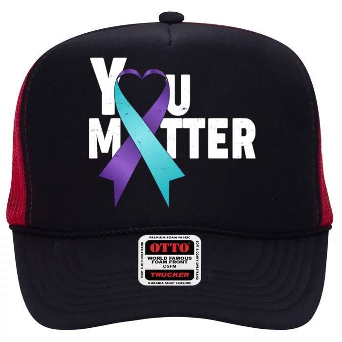 You Matter Suicide Prevention Awareness Teal Purple Heart Ribbon High Crown Mesh Trucker Hat