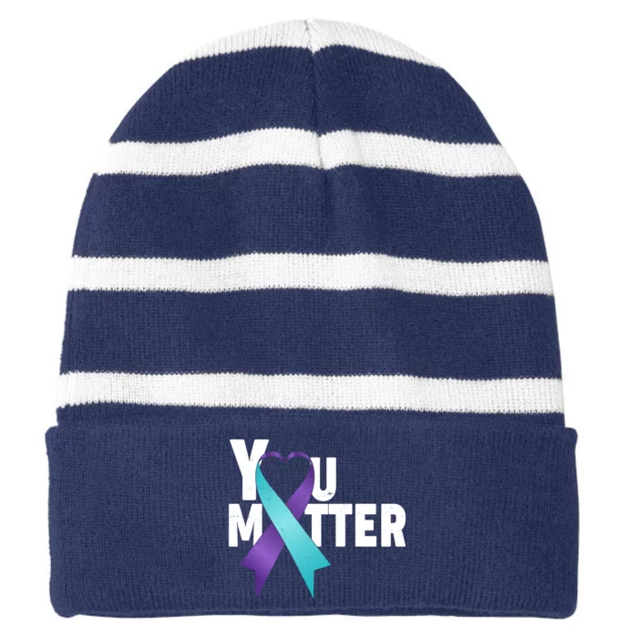 You Matter Suicide Prevention Awareness Teal Purple Heart Ribbon Striped Beanie with Solid Band