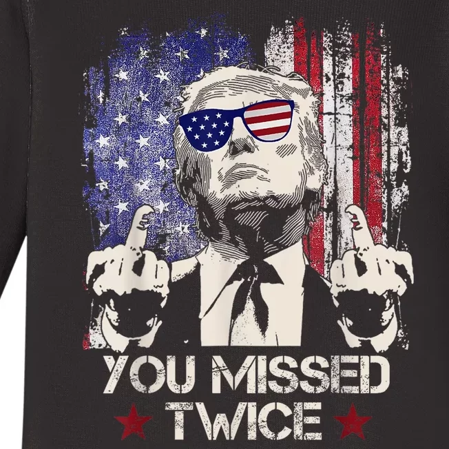 You Missed Twice Western Trump 2024 American Flag Baby Long Sleeve Bodysuit