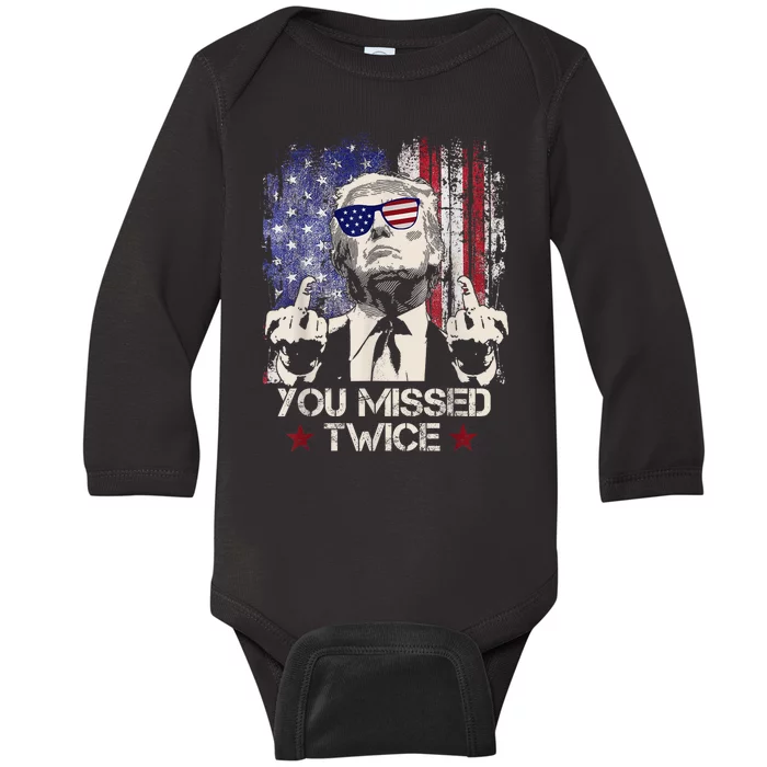 You Missed Twice Western Trump 2024 American Flag Baby Long Sleeve Bodysuit