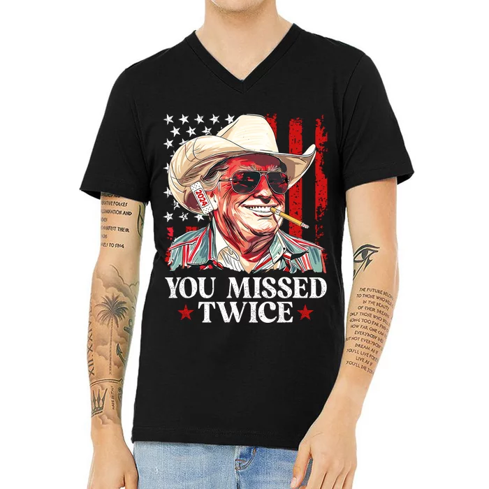 You Missed Twice Western Trump Cowboy Trump 2024 Us Flag V-Neck T-Shirt