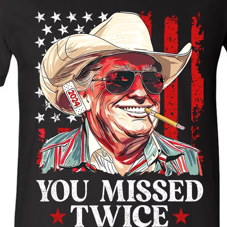 You Missed Twice Western Trump Cowboy Trump 2024 Us Flag V-Neck T-Shirt