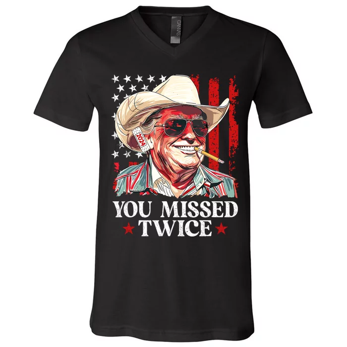 You Missed Twice Western Trump Cowboy Trump 2024 Us Flag V-Neck T-Shirt